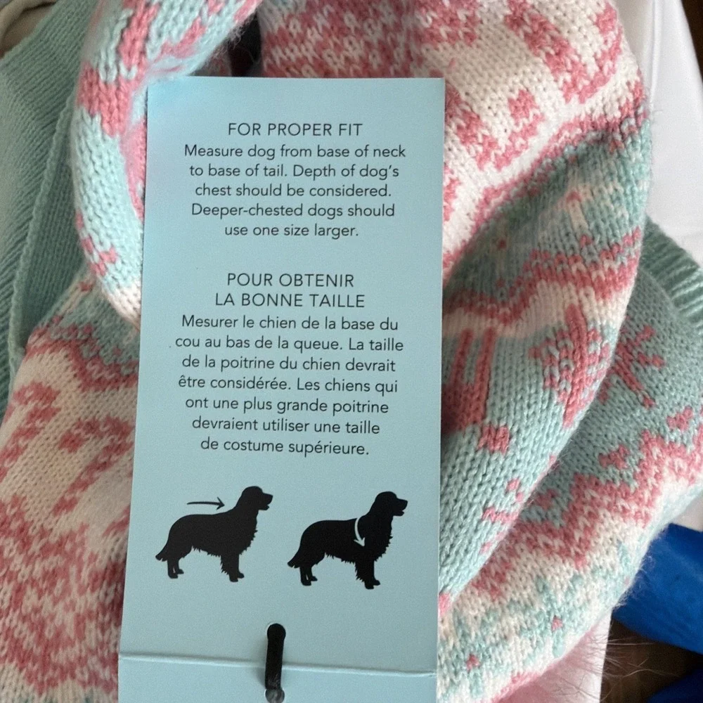 Fair Isle Dog Sweater LARGE Pink Aqua Nordic Hooded Reindeer Candy Canes Winter